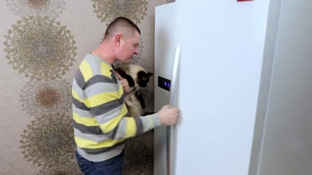 Мужчина с котом на руках достает еду для кота из кухонного холодильника — стоковое видео