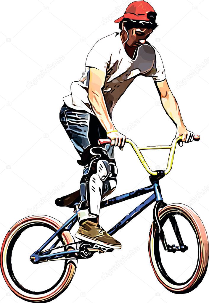 Color vector image of a cyclist on BMX performing extreme stunts