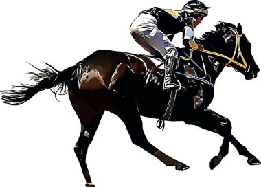 Racehorse with jockey at races. Isolated on a white background