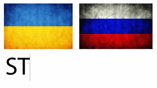 Chamada de texto para parar a guerra contra o pano de fundo das bandeiras de dois estados: Rússia e Ucrânia — Vídeo de Stock