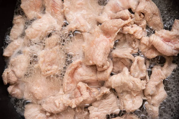 Carne Cerdo Frita Cacerola Los Pedazos Pequeños —  Fotos de Stock