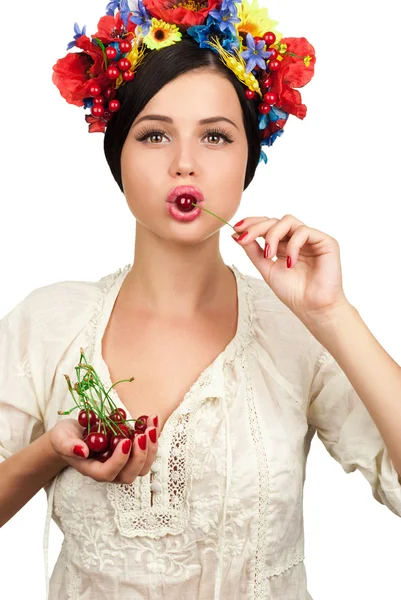 Girl with cherries — Stock Photo, Image