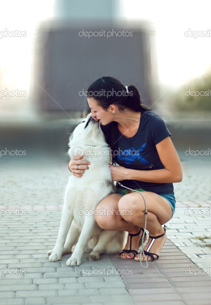 girl with the dog for a walk