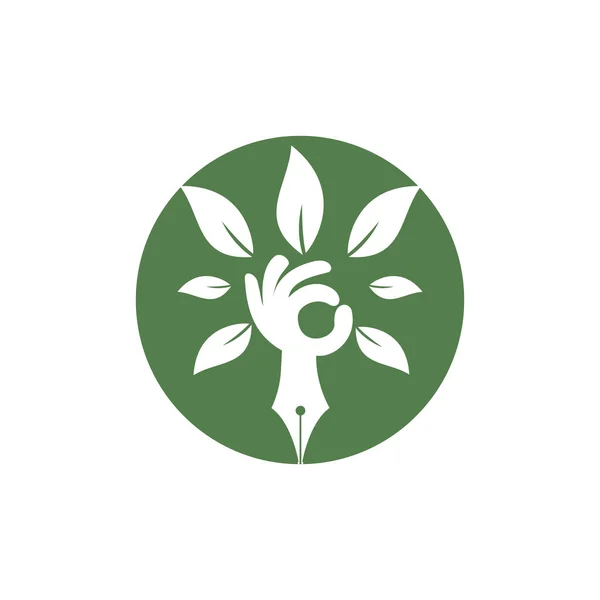 Concepto Logo Apoyo Seguro Educativo Pluma Mano Icono Del Árbol — Vector de stock