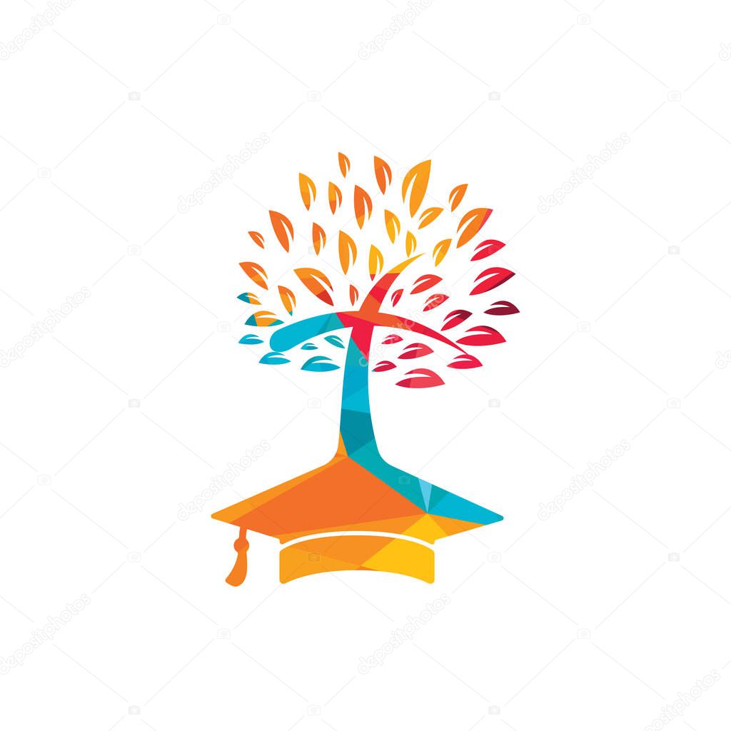 Education church vector logo design. Graduation cap and cross tree icon design.