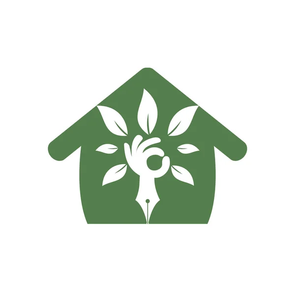 Concepto Logo Apoyo Seguro Educativo Pluma Árbol Mano Con Logotipo — Vector de stock