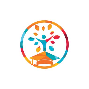 Eğitim sigortası ve logo konsepti. Mezuniyet şapkası ve insan ağaç simgesi.