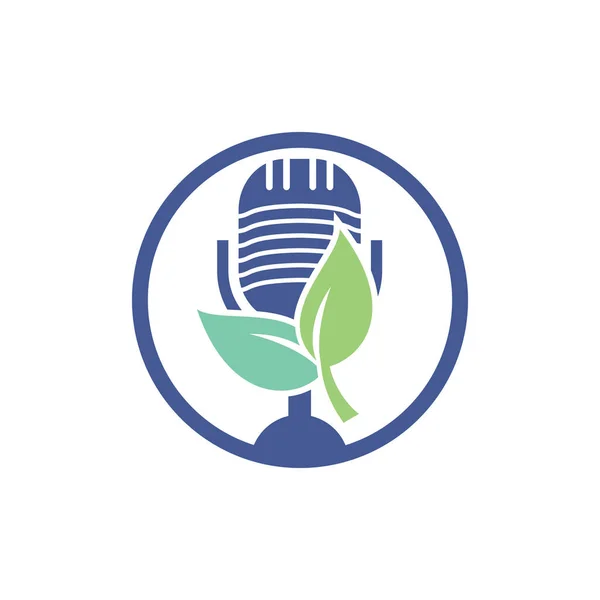 播客叶型自然生态矢量设计 Podcast脱口秀带有麦克风和叶子的标志 — 图库矢量图片