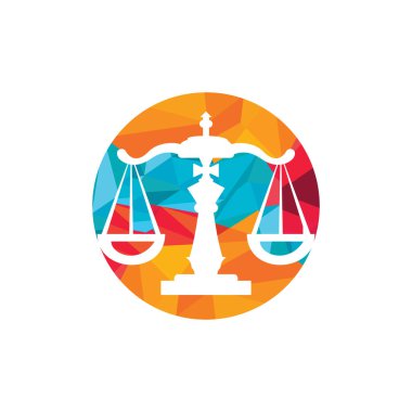 Satranç yasası vektör logosu tasarım şablonu. Satranç kralı ve ölçek simgesi tasarımı.