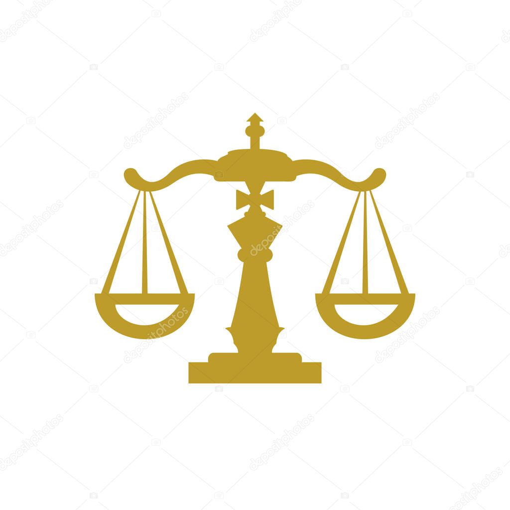 Chess law vector logo design template. Chess king and scale icon design.