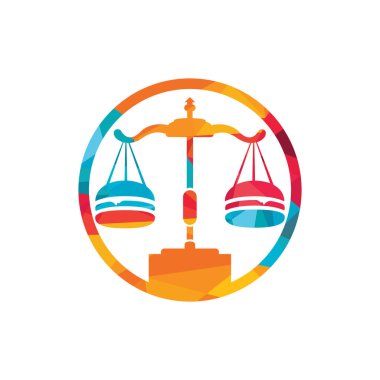 Gıda kanunu vektör logosu tasarım şablonu. Hukuk dengesi ve burger simgesi tasarımı.