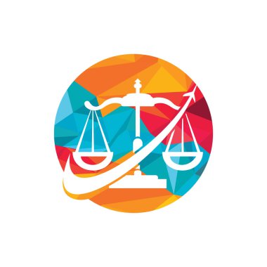 Seyahat hukuku vektör logosu tasarım şablonu. Uçak ve hukuk dengesi simgesi.