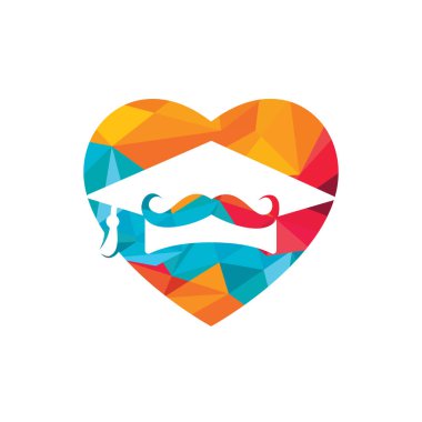 Güçlü eğitim logosu tasarım şablonu. Bıyıklı ve kalp ikonu tasarımlı şapka mezuniyeti.