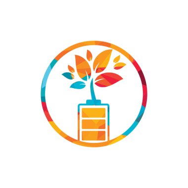 Yeşil enerji vektör logosu tasarımı. Yeşil santral ve pil işareti. Eko pil işareti.