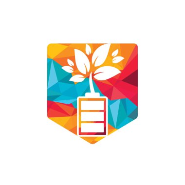 Yeşil enerji vektör logosu tasarımı. Yeşil santral ve pil işareti. Eko pil işareti.