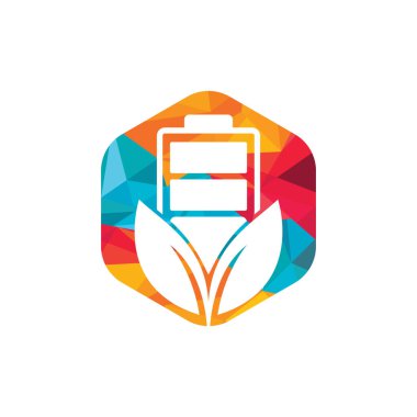 Yeşil enerji vektör logosu tasarımı. Yeşil yaprak ve pil işareti. Eko pil işareti.