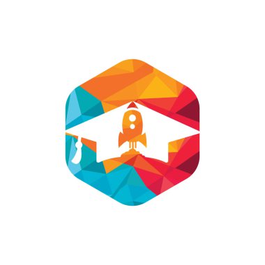 Mezuniyet şapkası ve roket logosu tasarımı. Havacılık eğitimi veya akademi için roket logosu.