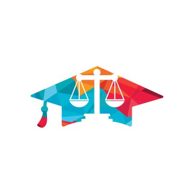 Mezuniyet şapkası logosu tasarımlı bir hukuk terazisi. Hukuk eğitimi vektör logosu kavramı.