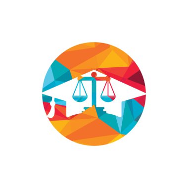 Mezuniyet şapkası logosu tasarımlı bir hukuk terazisi. Hukuk eğitimi vektör logosu kavramı.