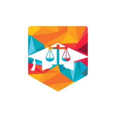 Mezuniyet şapkası logosu tasarımlı bir hukuk terazisi. Hukuk eğitimi vektör logosu kavramı.