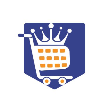 King shop vektör logosu tasarımı. Taç simgesi tasarımlı alışveriş arabası..