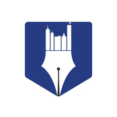 Kalem ve şehir silueti logosu tasarımlı yaratıcı bir kavram. Ticari binaların inşaat sembolü.