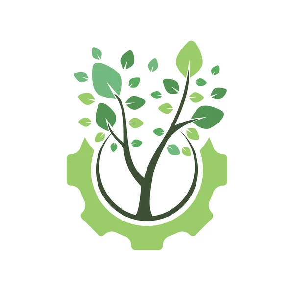 ギアツリーベクトルロゴデザインテンプレート 現代の自然技術のロゴ グリーンエコ技術と産業ロゴのコンセプト — ストックベクタ