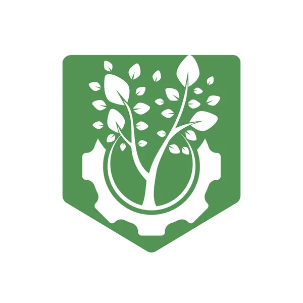 Plantilla Diseño Logotipo Árbol Engranajes Logo Tecnología Naturaleza Moderna Verde — Vector de stock