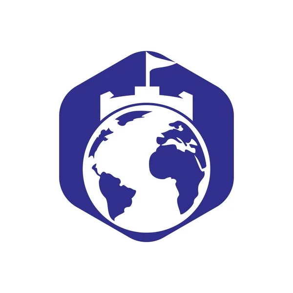 城地球ベクトルのロゴデザイン ユニークな要塞と世界のロゴタイプのデザインテンプレート — ストックベクタ