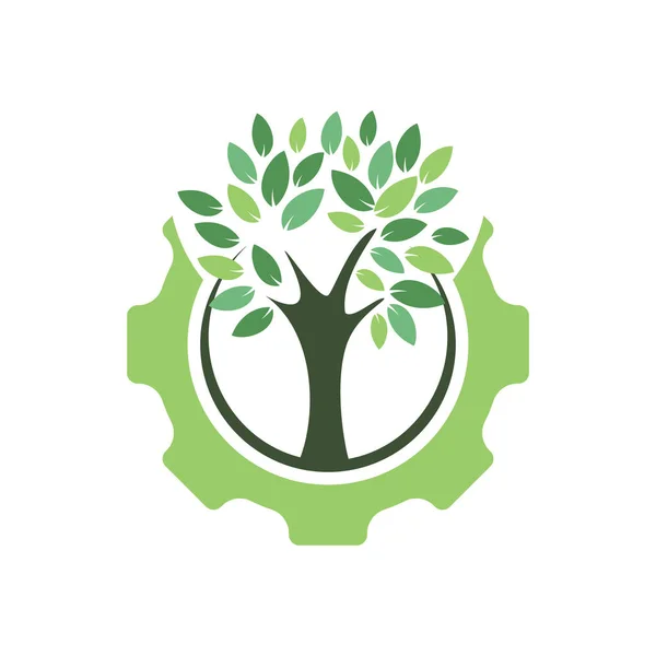 齿轮树矢量标志设计模板 现代自然技术标志 绿色生态技术和工业标识概念 — 图库矢量图片