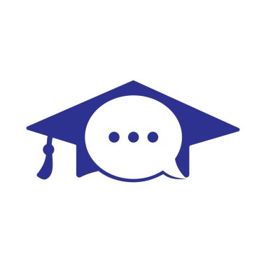 Eğitim dili vektör logosu tasarımı. Sohbet balonu ikon tasarımlı mezuniyet şapkası.