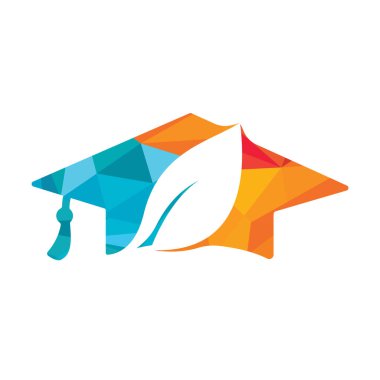 Doğal öğrenci vektör logosu şablonu. Mezuniyet şapkası logo şablonu vektör simgesi tasarımlı yaprak.