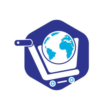 Küresel alışveriş arabası vektör logosu tasarımı. Çevrimiçi Dükkan logosu tasarım kavramı.