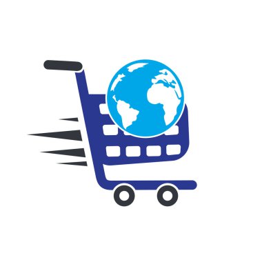 Küresel alışveriş arabası vektör logosu tasarımı. Çevrimiçi Dükkan logosu tasarım kavramı.