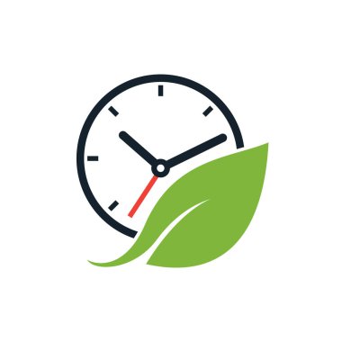 Doğa zaman vektör logosu tasarımı. Vektör saat ve yaprak logo kombinasyonu.