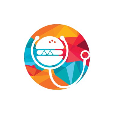 Sağlıklı gıda vektör logosu tasarımı. Stetoskop logo tasarımlı büyük hamburger..