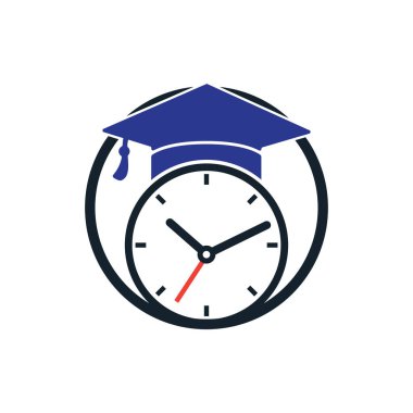 Zaman vektör logosu tasarımını incele. Saat simgesi tasarımlı mezuniyet şapkası.