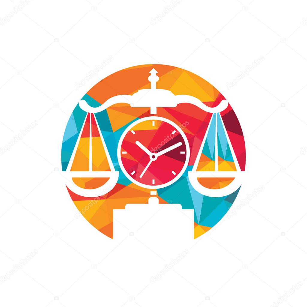 Law time vector logo design. Scale with clock icon vector logo design.