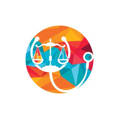 Tıbbi hukuk vektör logosu tasarım şablonu. Kanun ölçekli simge vektör tasarımlı stetoskop.