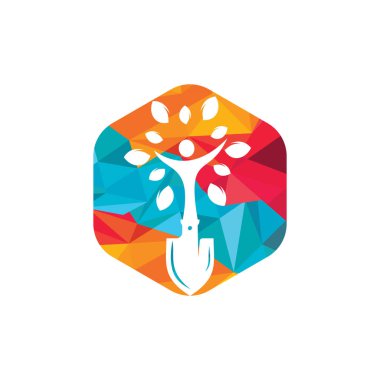 İnsan ağaç vektör logosu desenli kürek. Yeşil bahçe logo tasarım şablonu.
