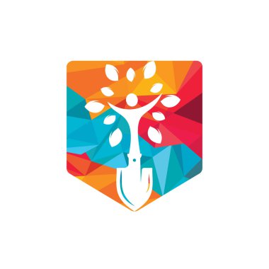 İnsan ağaç vektör logosu desenli kürek. Yeşil bahçe logo tasarım şablonu.