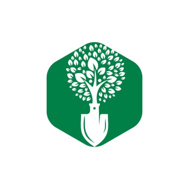 İnsan ağaç vektör logosu desenli kürek. Yeşil bahçe logo tasarım şablonu.