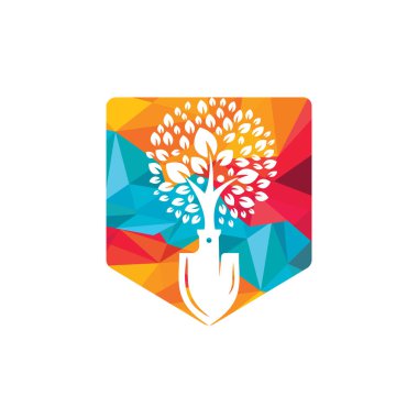 İnsan ağaç vektör logosu desenli kürek. Yeşil bahçe logo tasarım şablonu.