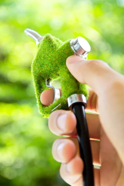 Mão segurando bico de combustível ecológico — Fotografia de Stock