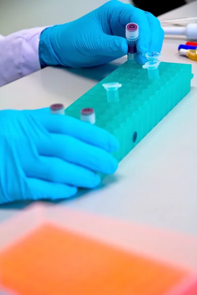 Scientist holding a test tube in a research lab — Stock Photo, Image