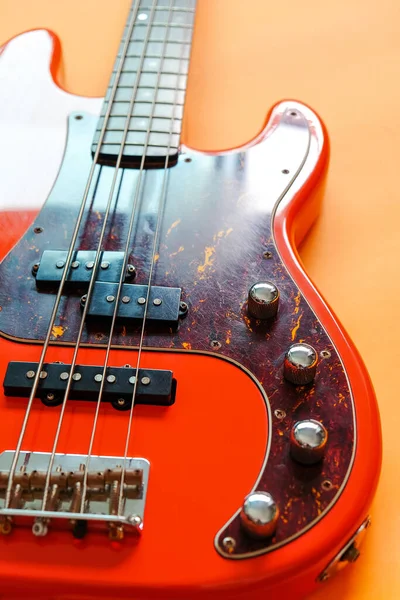 Orange Electric Bass Guitar Orange Background Copy Space — Stock Photo, Image