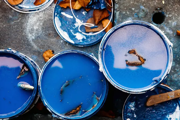 Bovenaanzicht Van Emmer Met Blauwe Verf Borstel — Stockfoto