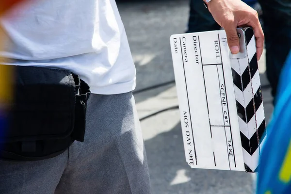Close Image Film Production Crew Holding Film Slate Set — Stok Foto