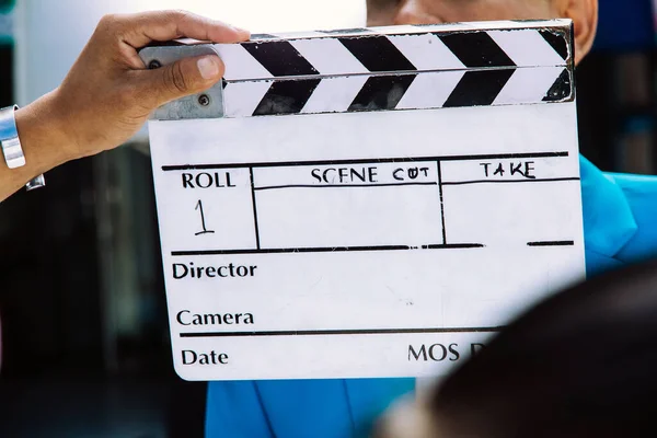 Imagen Primer Plano Del Equipo Producción Cine Sosteniendo Film Slate —  Fotos de Stock