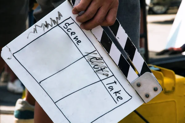 Close Beeld Van Filmproductie Crew Met Film Slate Set — Stockfoto